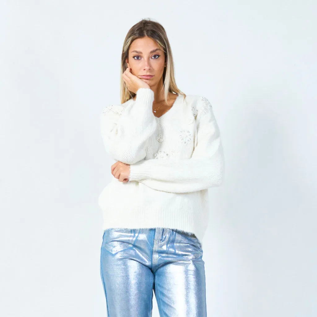 V-neck sweater with pearl accents wholesale