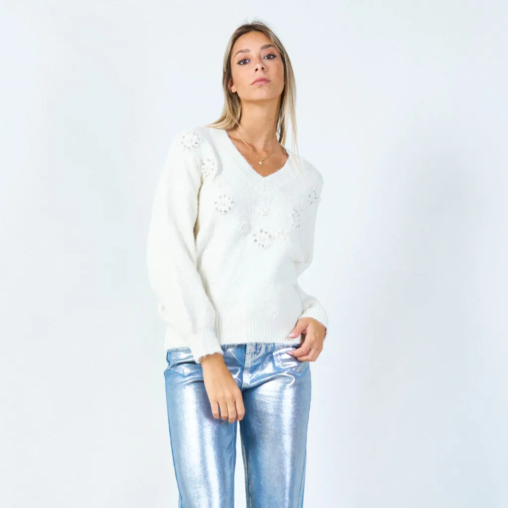 V-neck sweater with pearl accents wholesale