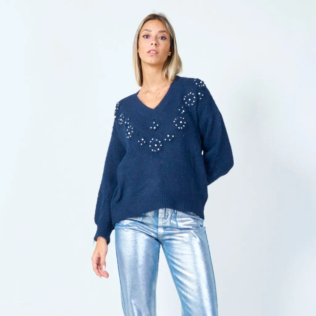 V-neck sweater with pearl accents wholesale