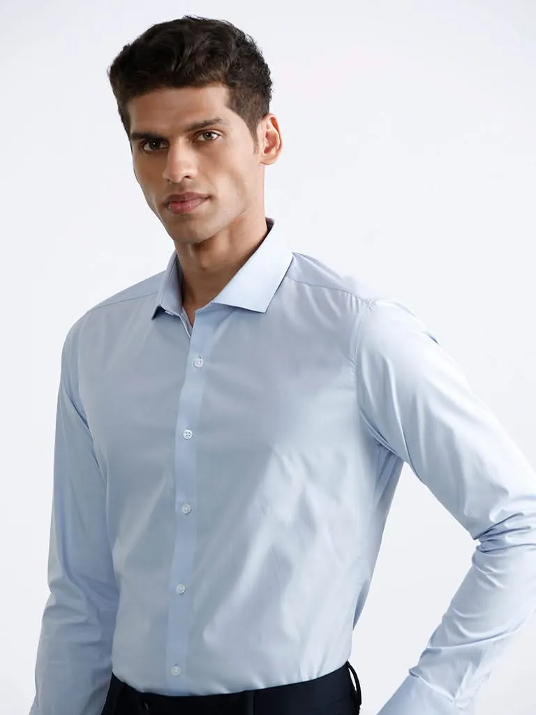 WES Formals Plain Light Blue Cotton Blend Ultra-Slim Fit Shirt