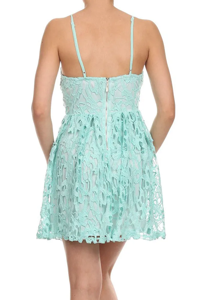 Womens Mint Crochet Lace Sweetheart Cocktail A-Line Mini Dress